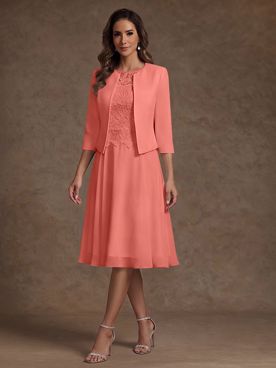 A-Line/Princess Scoop Chiffon Mother of the Bride Dresses with Jacket Lace Floral Tea-Length 3/4 Sleeves