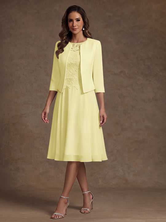 A-Line/Princess Scoop Chiffon Mother of the Bride Dresses with Jacket Lace Floral Tea-Length 3/4 Sleeves