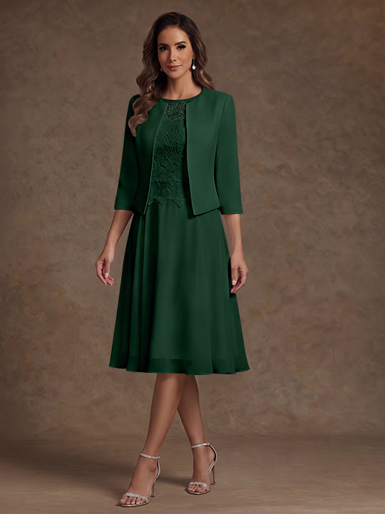 A-Line/Princess Scoop Chiffon Mother of the Bride Dresses with Jacket Lace Floral Tea-Length 3/4 Sleeves