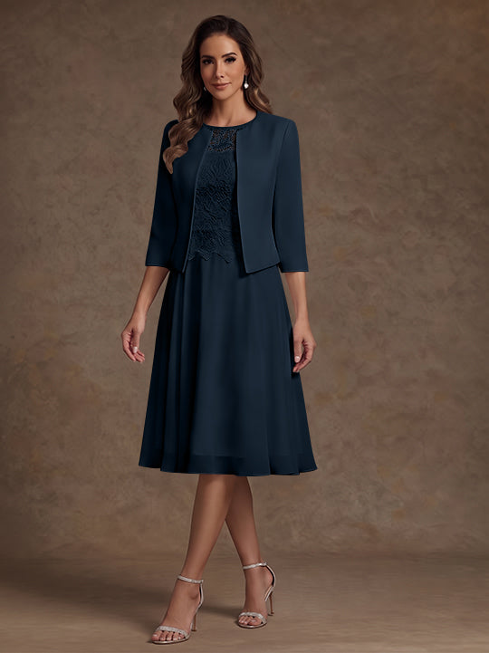 A-Line/Princess Scoop Chiffon Mother of the Bride Dresses with Jacket Lace Floral Tea-Length 3/4 Sleeves