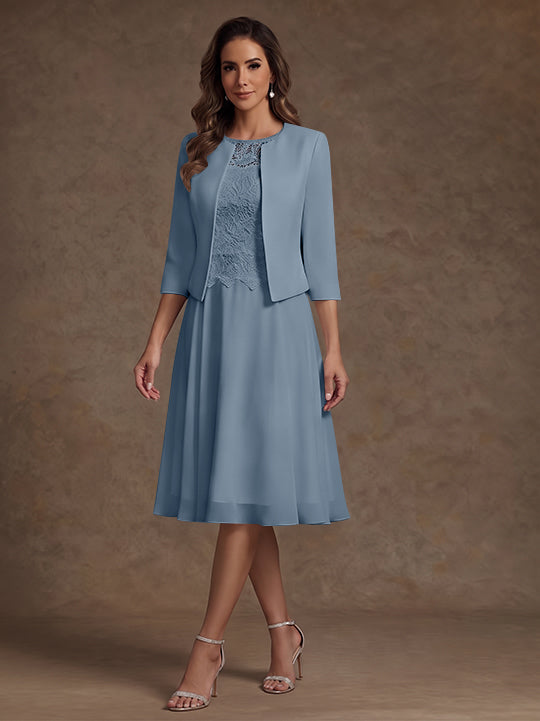 A-Line/Princess Scoop Chiffon Mother of the Bride Dresses with Jacket Lace Floral Tea-Length 3/4 Sleeves