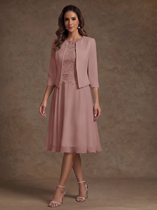 A-Line/Princess Scoop Chiffon Mother of the Bride Dresses with Jacket Lace Floral Tea-Length 3/4 Sleeves