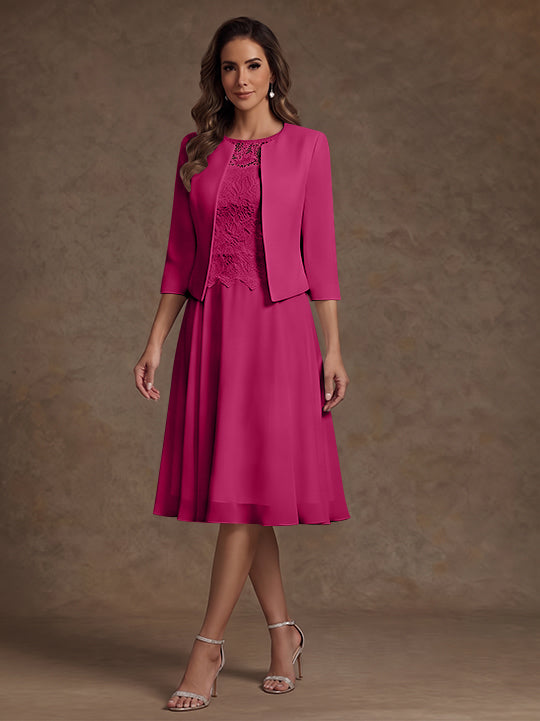 A-Line/Princess Scoop Chiffon Mother of the Bride Dresses with Jacket Lace Floral Tea-Length 3/4 Sleeves