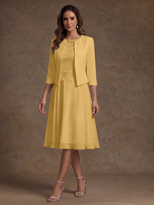 A-Line/Princess Scoop Chiffon Mother of the Bride Dresses with Jacket Lace Floral Tea-Length 3/4 Sleeves