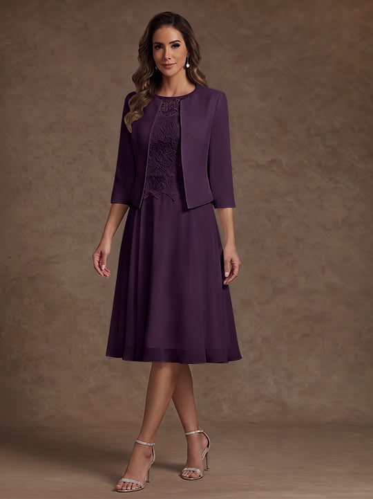A-Line/Princess Scoop Chiffon Mother of the Bride Dresses with Jacket Lace Floral Tea-Length 3/4 Sleeves