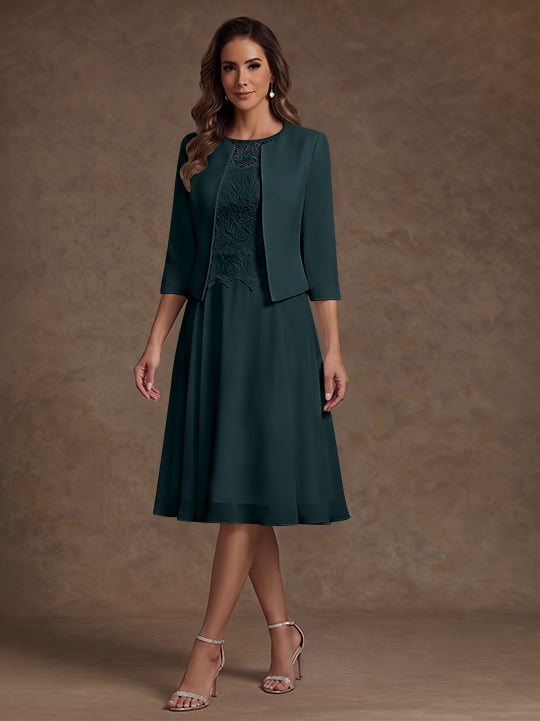A-Line/Princess Scoop Chiffon Mother of the Bride Dresses with Jacket Lace Floral Tea-Length 3/4 Sleeves
