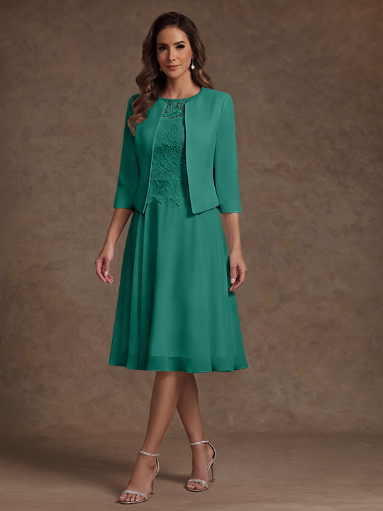 A-Line/Princess Scoop Chiffon Mother of the Bride Dresses with Jacket Lace Floral Tea-Length 3/4 Sleeves