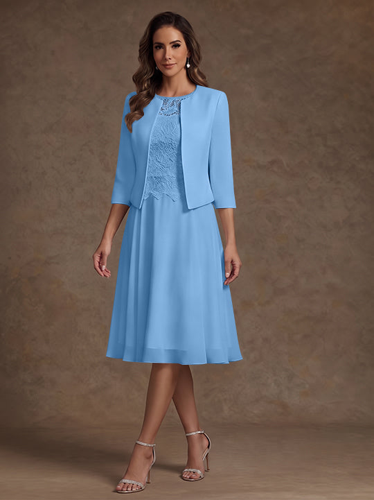 A-Line/Princess Scoop Chiffon Mother of the Bride Dresses with Jacket Lace Floral Tea-Length 3/4 Sleeves
