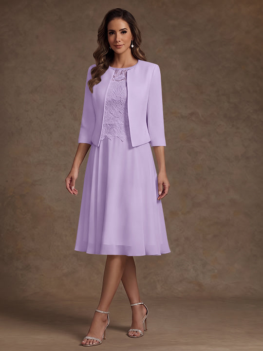 A-Line/Princess Scoop Chiffon Mother of the Bride Dresses with Jacket Lace Floral Tea-Length 3/4 Sleeves
