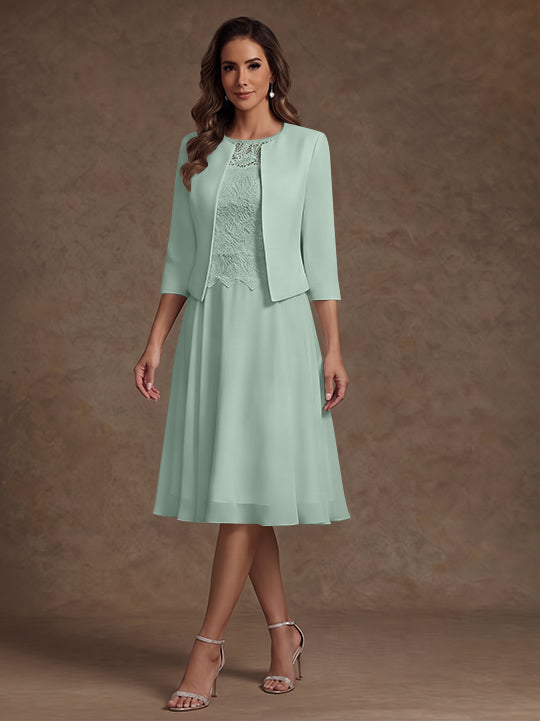 A-Line/Princess Scoop Chiffon Mother of the Bride Dresses with Jacket Lace Floral Tea-Length 3/4 Sleeves