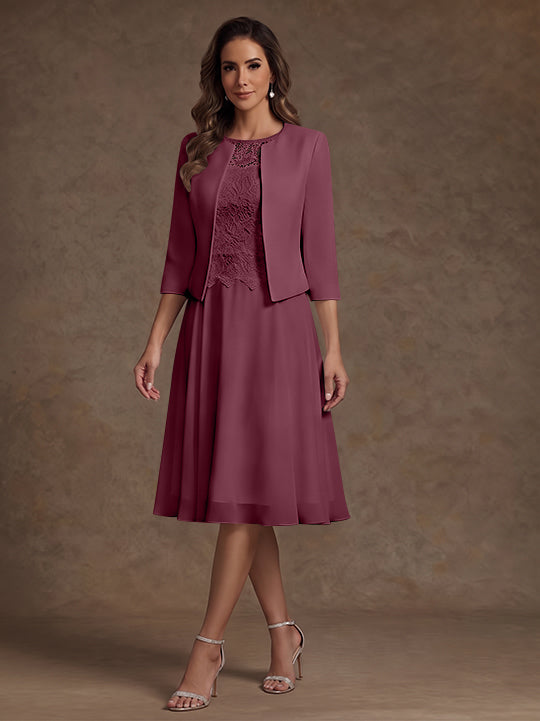 A-Line/Princess Scoop Chiffon Mother of the Bride Dresses with Jacket Lace Floral Tea-Length 3/4 Sleeves