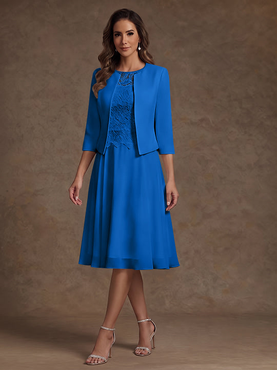 A-Line/Princess Scoop Chiffon Mother of the Bride Dresses with Jacket Lace Floral Tea-Length 3/4 Sleeves