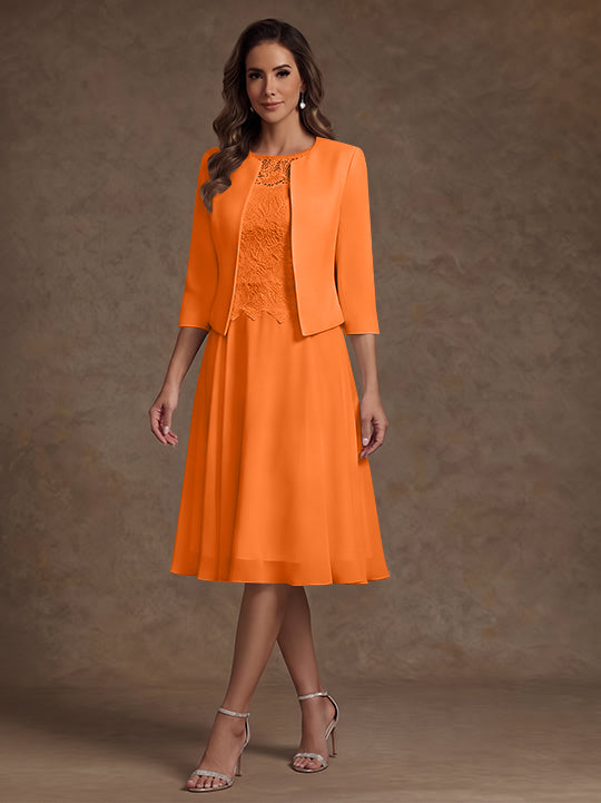 A-Line/Princess Scoop Chiffon Mother of the Bride Dresses with Jacket Lace Floral Tea-Length 3/4 Sleeves