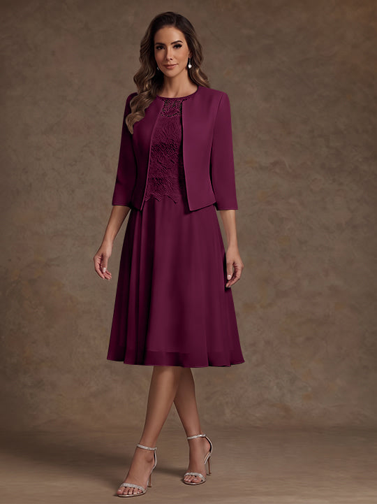 A-Line/Princess Scoop Chiffon Mother of the Bride Dresses with Jacket Lace Floral Tea-Length 3/4 Sleeves