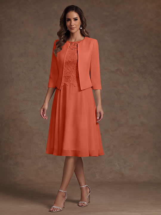 A-Line/Princess Scoop Chiffon Mother of the Bride Dresses with Jacket Lace Floral Tea-Length 3/4 Sleeves