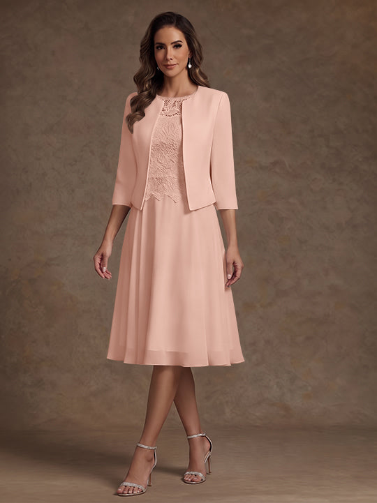 A-Line/Princess Scoop Chiffon Mother of the Bride Dresses with Jacket Lace Floral Tea-Length 3/4 Sleeves