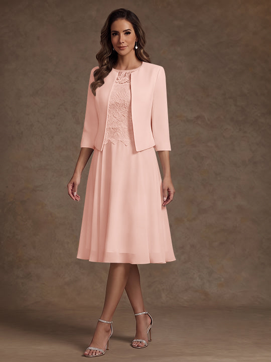 A-Line/Princess Scoop Chiffon Mother of the Bride Dresses with Jacket Lace Floral Tea-Length 3/4 Sleeves