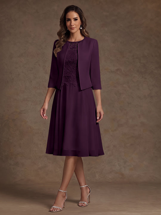 A-Line/Princess Scoop Chiffon Mother of the Bride Dresses with Jacket Lace Floral Tea-Length 3/4 Sleeves