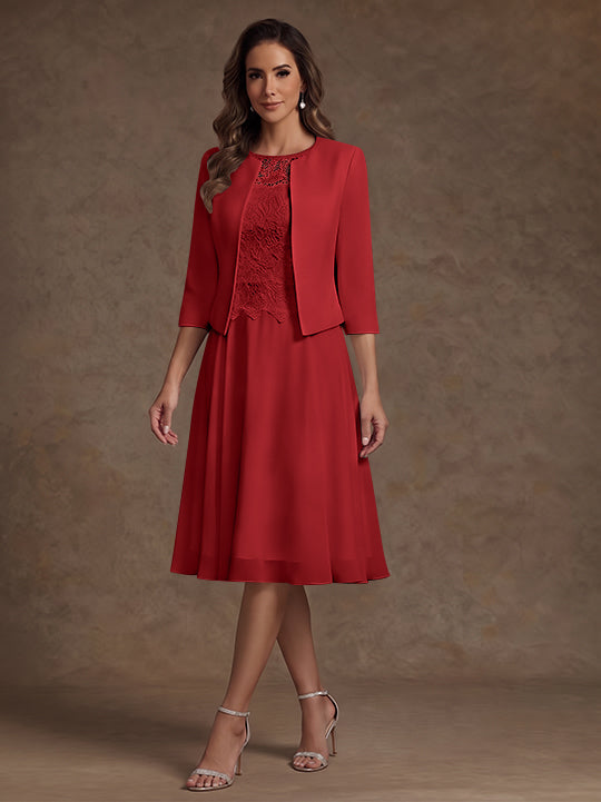 A-Line/Princess Scoop Chiffon Mother of the Bride Dresses with Jacket Lace Floral Tea-Length 3/4 Sleeves