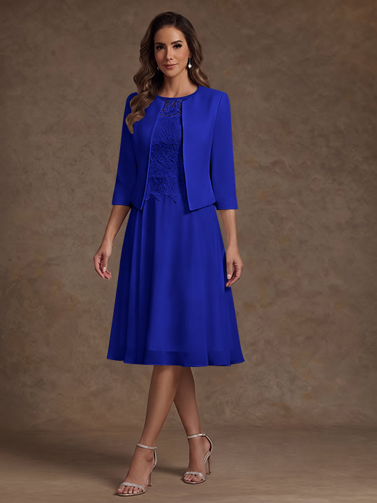 A-Line/Princess Scoop Chiffon Mother of the Bride Dresses with Jacket Lace Floral Tea-Length 3/4 Sleeves