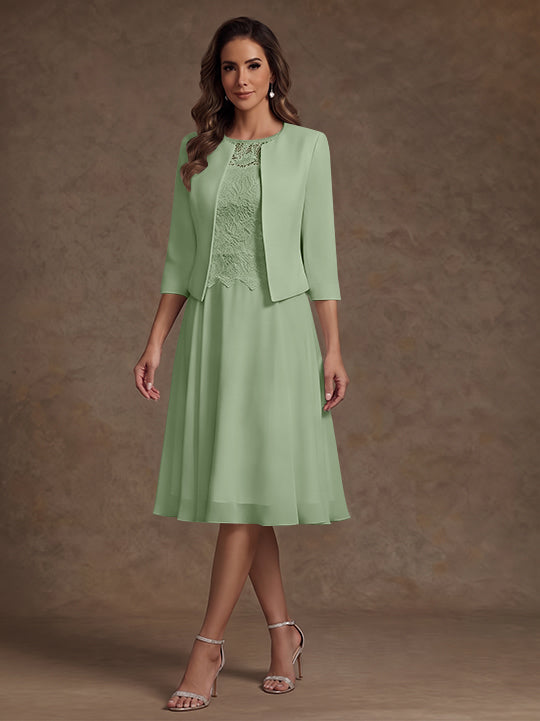 A-Line/Princess Scoop Chiffon Mother of the Bride Dresses with Jacket Lace Floral Tea-Length 3/4 Sleeves