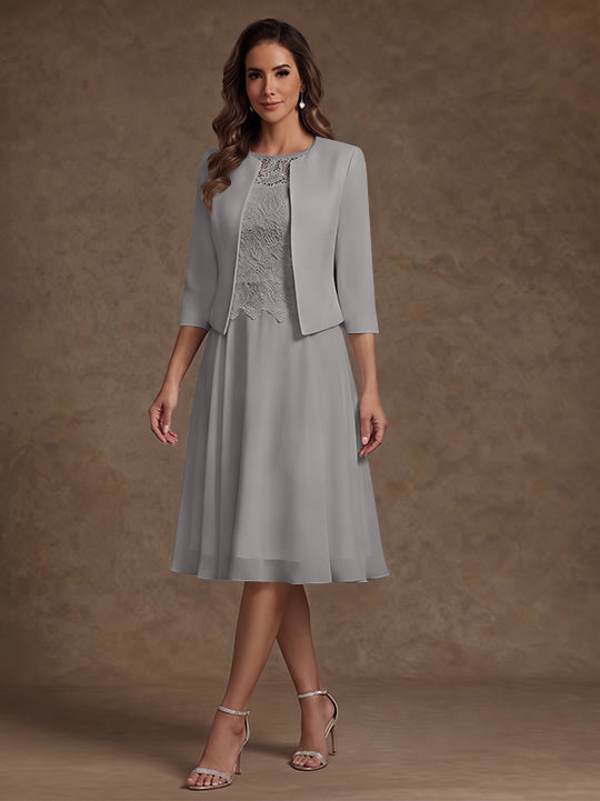 A-Line/Princess Scoop Chiffon Mother of the Bride Dresses with Jacket Lace Floral Tea-Length 3/4 Sleeves