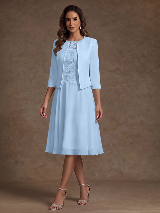 A-Line/Princess Scoop Chiffon Mother of the Bride Dresses with Jacket Lace Floral Tea-Length 3/4 Sleeves
