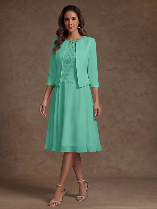 A-Line/Princess Scoop Chiffon Mother of the Bride Dresses with Jacket Lace Floral Tea-Length 3/4 Sleeves