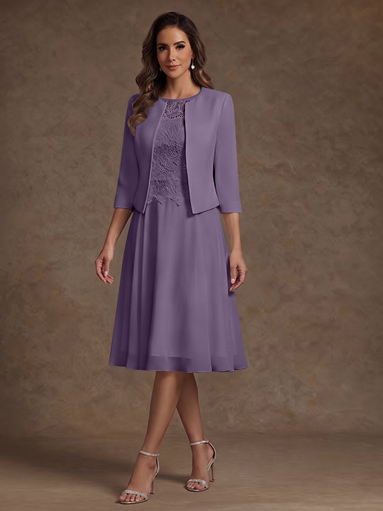 A-Line/Princess Scoop Chiffon Mother of the Bride Dresses with Jacket Lace Floral Tea-Length 3/4 Sleeves