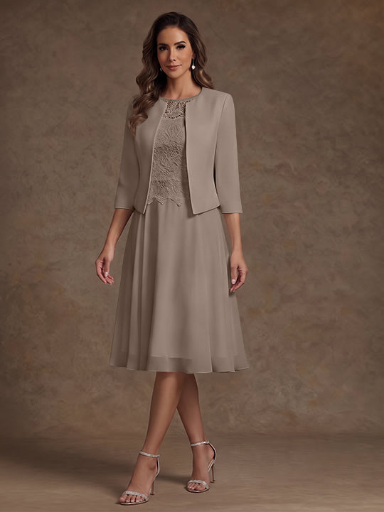 A-Line/Princess Scoop Chiffon Mother of the Bride Dresses with Jacket Lace Floral Tea-Length 3/4 Sleeves