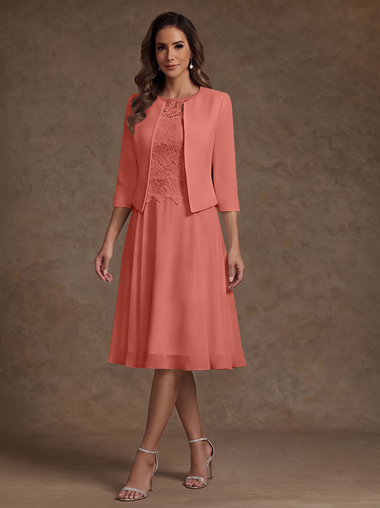 A-Line/Princess Scoop Chiffon Mother of the Bride Dresses with Jacket Lace Floral Tea-Length 3/4 Sleeves