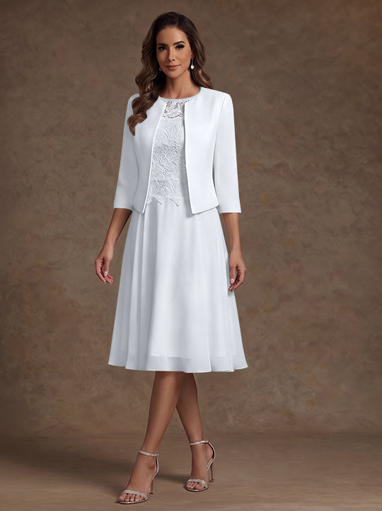 A-Line/Princess Scoop Chiffon Mother of the Bride Dresses with Jacket Lace Floral Tea-Length 3/4 Sleeves
