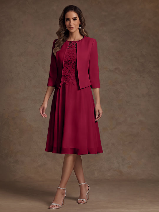 A-Line/Princess Scoop Chiffon Mother of the Bride Dresses with Jacket Lace Floral Tea-Length 3/4 Sleeves