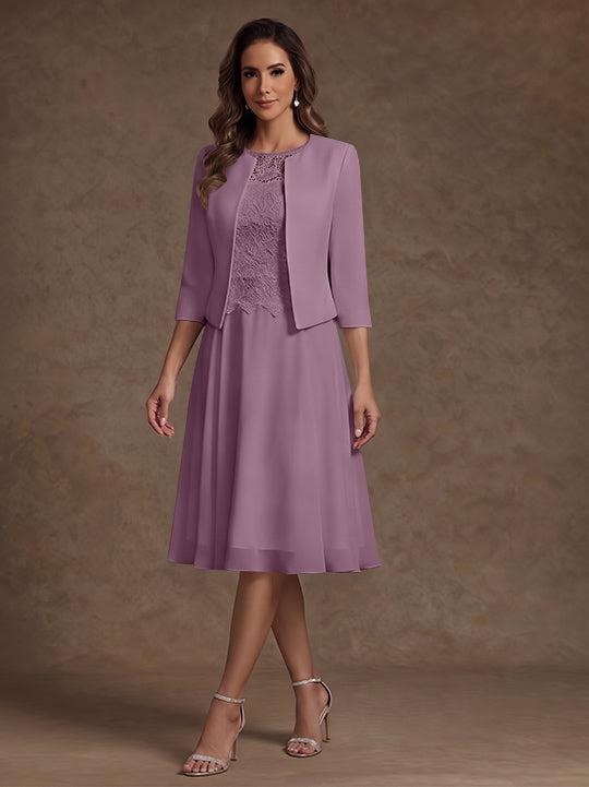 A-Line/Princess Scoop Chiffon Mother of the Bride Dresses with Jacket Lace Floral Tea-Length 3/4 Sleeves