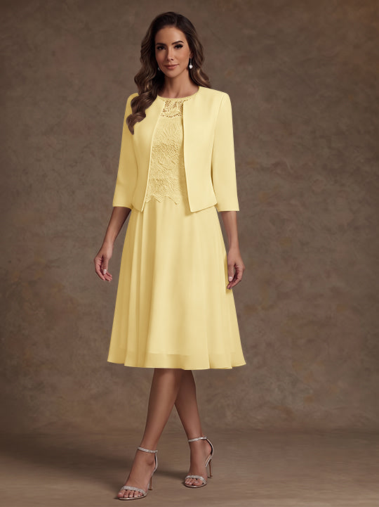 A-Line/Princess Scoop Chiffon Mother of the Bride Dresses with Jacket Lace Floral Tea-Length 3/4 Sleeves
