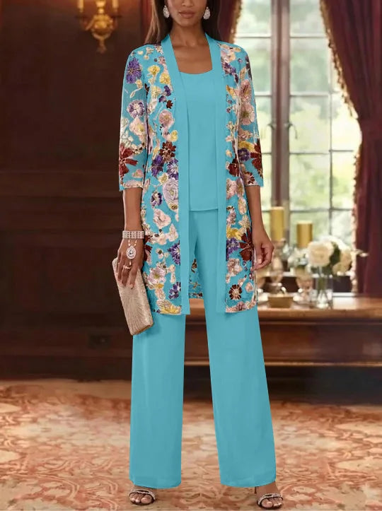 3 Pieces Chiffon Scoop  Mother of the Bride Pantsuits with Jacket Ankle-Length 3/4 Sleeves Lace Floral