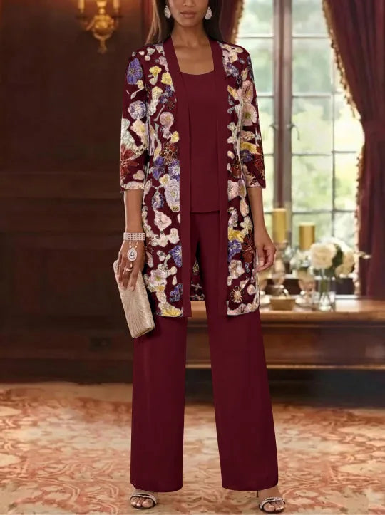 3 Pieces Chiffon Scoop  Mother of the Bride Pantsuits with Jacket Ankle-Length 3/4 Sleeves Lace Floral
