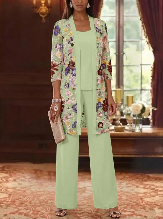 3 Pieces Chiffon Scoop  Mother of the Bride Pantsuits with Jacket Ankle-Length 3/4 Sleeves Lace Floral