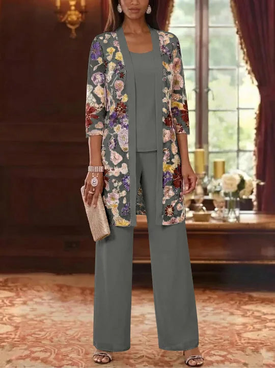 3 Pieces Chiffon Scoop  Mother of the Bride Pantsuits with Jacket Ankle-Length 3/4 Sleeves Lace Floral