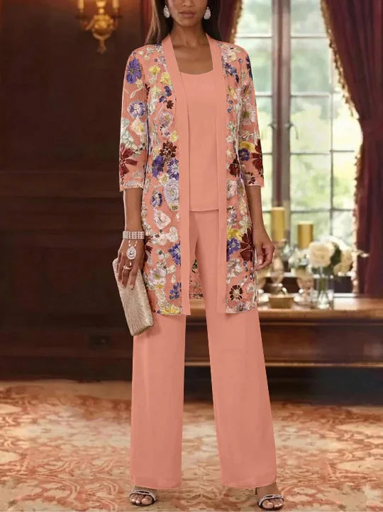 3 Pieces Chiffon Scoop  Mother of the Bride Pantsuits with Jacket Ankle-Length 3/4 Sleeves Lace Floral