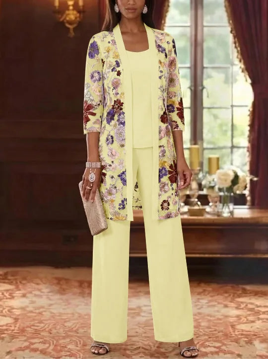 3 Pieces Chiffon Scoop  Mother of the Bride Pantsuits with Jacket Ankle-Length 3/4 Sleeves Lace Floral