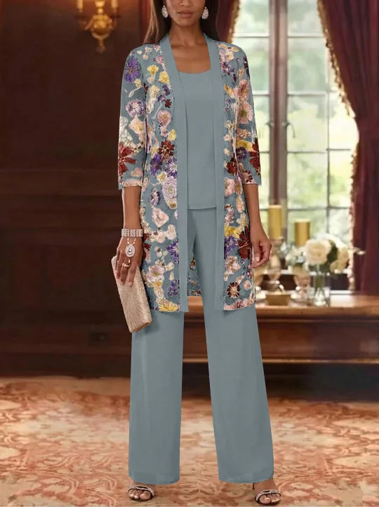 3 Pieces Chiffon Scoop  Mother of the Bride Pantsuits with Jacket Ankle-Length 3/4 Sleeves Lace Floral