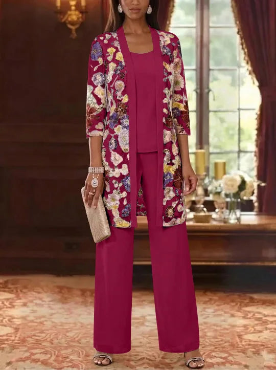 3 Pieces Chiffon Scoop  Mother of the Bride Pantsuits with Jacket Ankle-Length 3/4 Sleeves Lace Floral