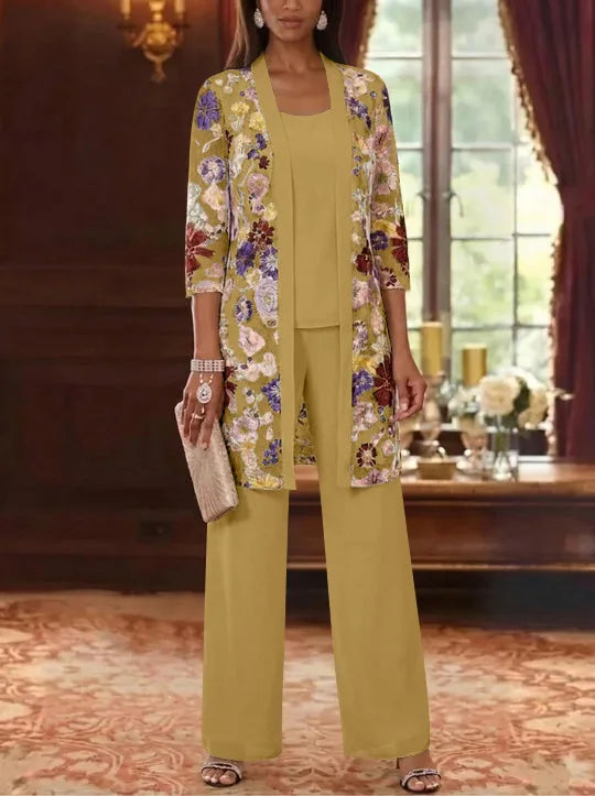 3 Pieces Chiffon Scoop  Mother of the Bride Pantsuits with Jacket Ankle-Length 3/4 Sleeves Lace Floral