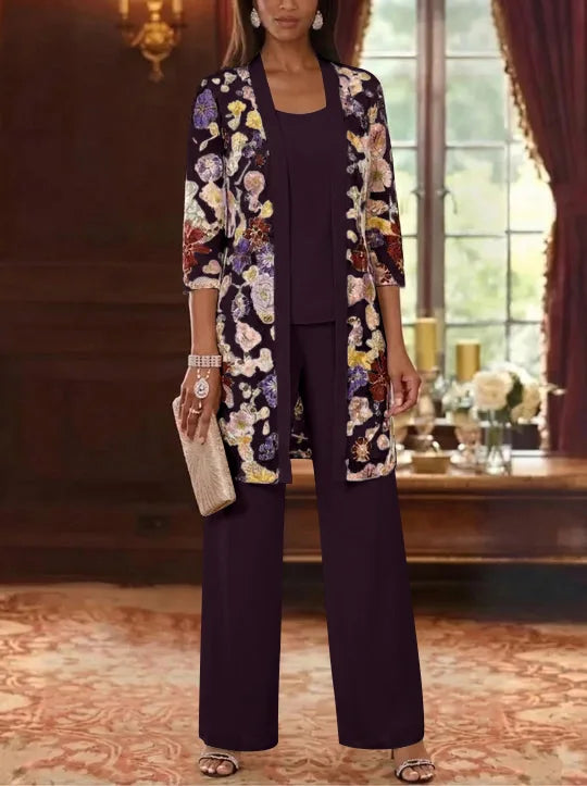 3 Pieces Chiffon Scoop  Mother of the Bride Pantsuits with Jacket Ankle-Length 3/4 Sleeves Lace Floral