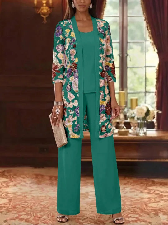 3 Pieces Chiffon Scoop  Mother of the Bride Pantsuits with Jacket Ankle-Length 3/4 Sleeves Lace Floral