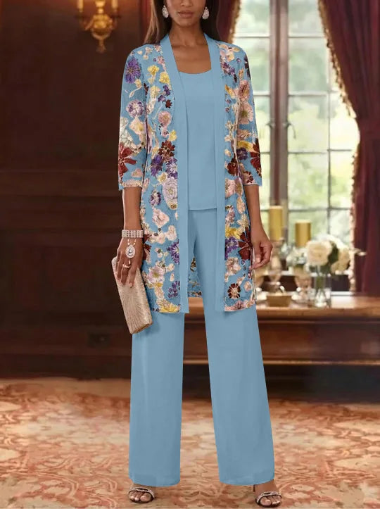 3 Pieces Chiffon Scoop  Mother of the Bride Pantsuits with Jacket Ankle-Length 3/4 Sleeves Lace Floral