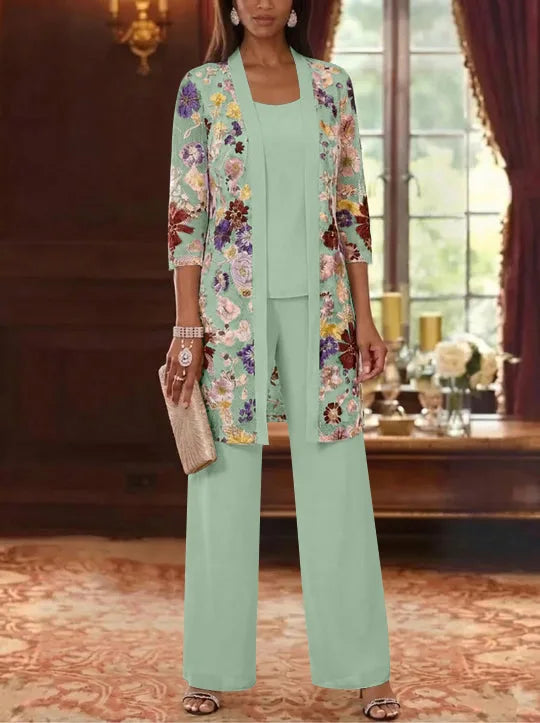3 Pieces Chiffon Scoop  Mother of the Bride Pantsuits with Jacket Ankle-Length 3/4 Sleeves Lace Floral