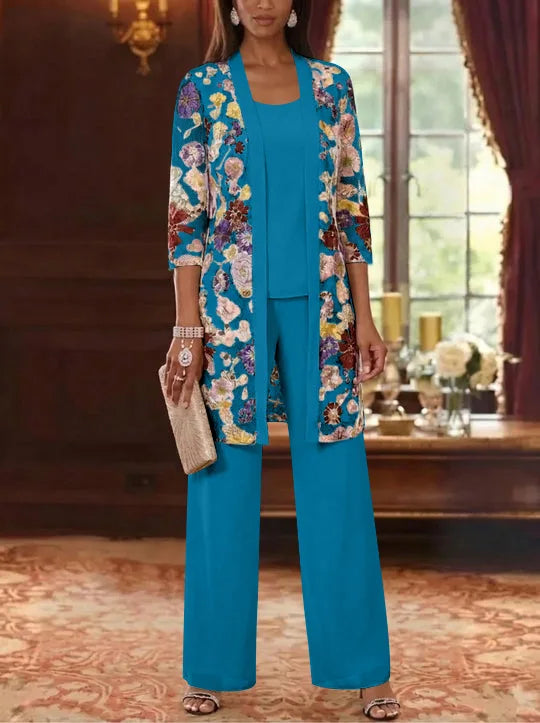 3 Pieces Chiffon Scoop  Mother of the Bride Pantsuits with Jacket Ankle-Length 3/4 Sleeves Lace Floral