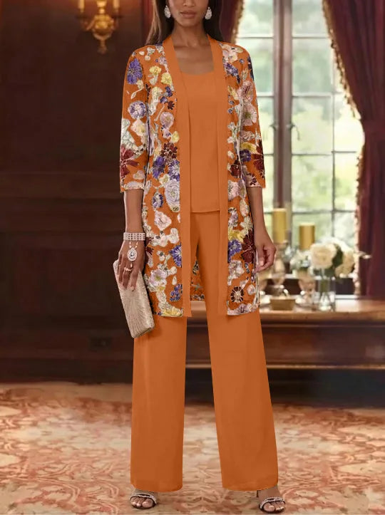 3 Pieces Chiffon Scoop  Mother of the Bride Pantsuits with Jacket Ankle-Length 3/4 Sleeves Lace Floral